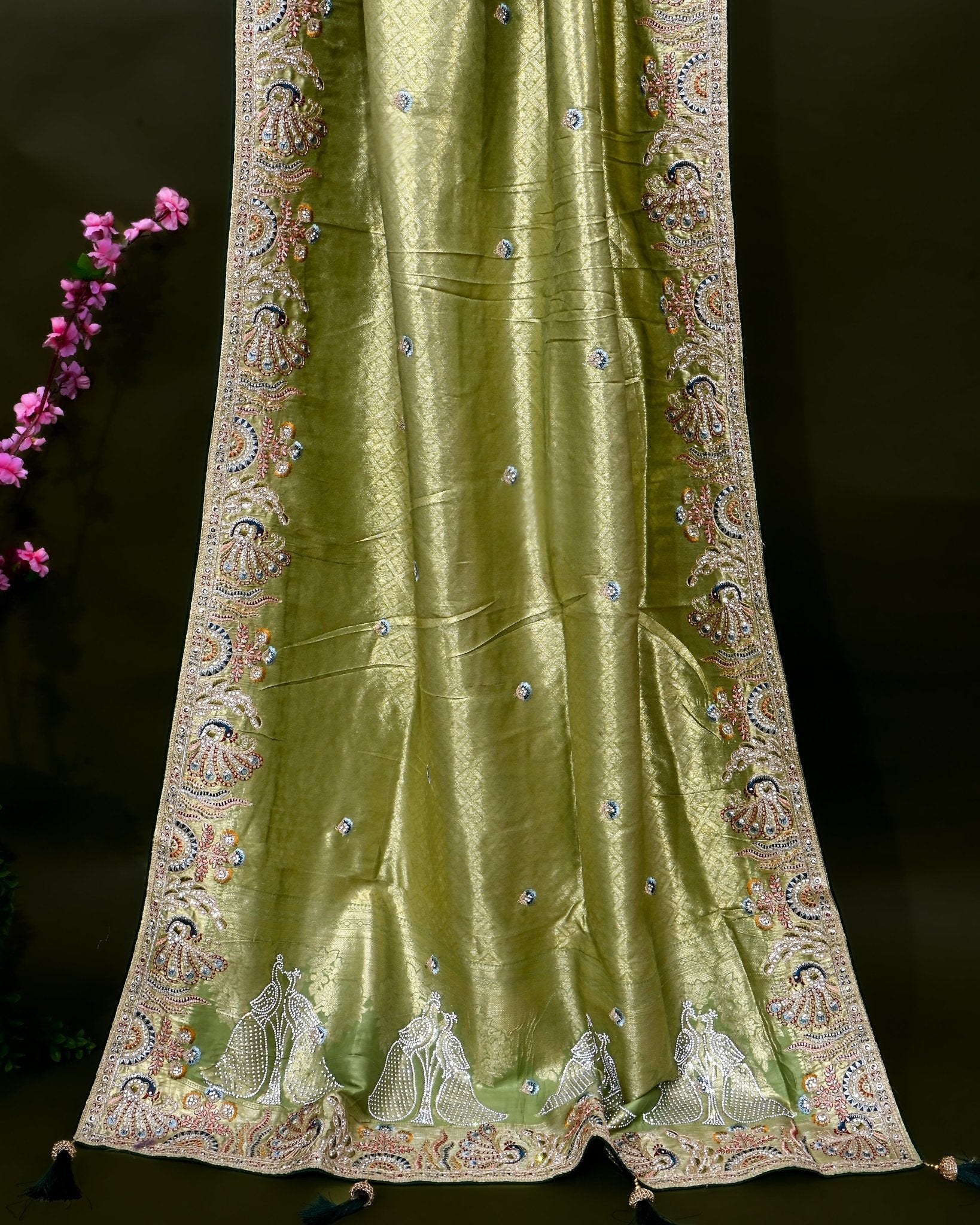 Green Tissue Embroidery Saree - Shop Vastram