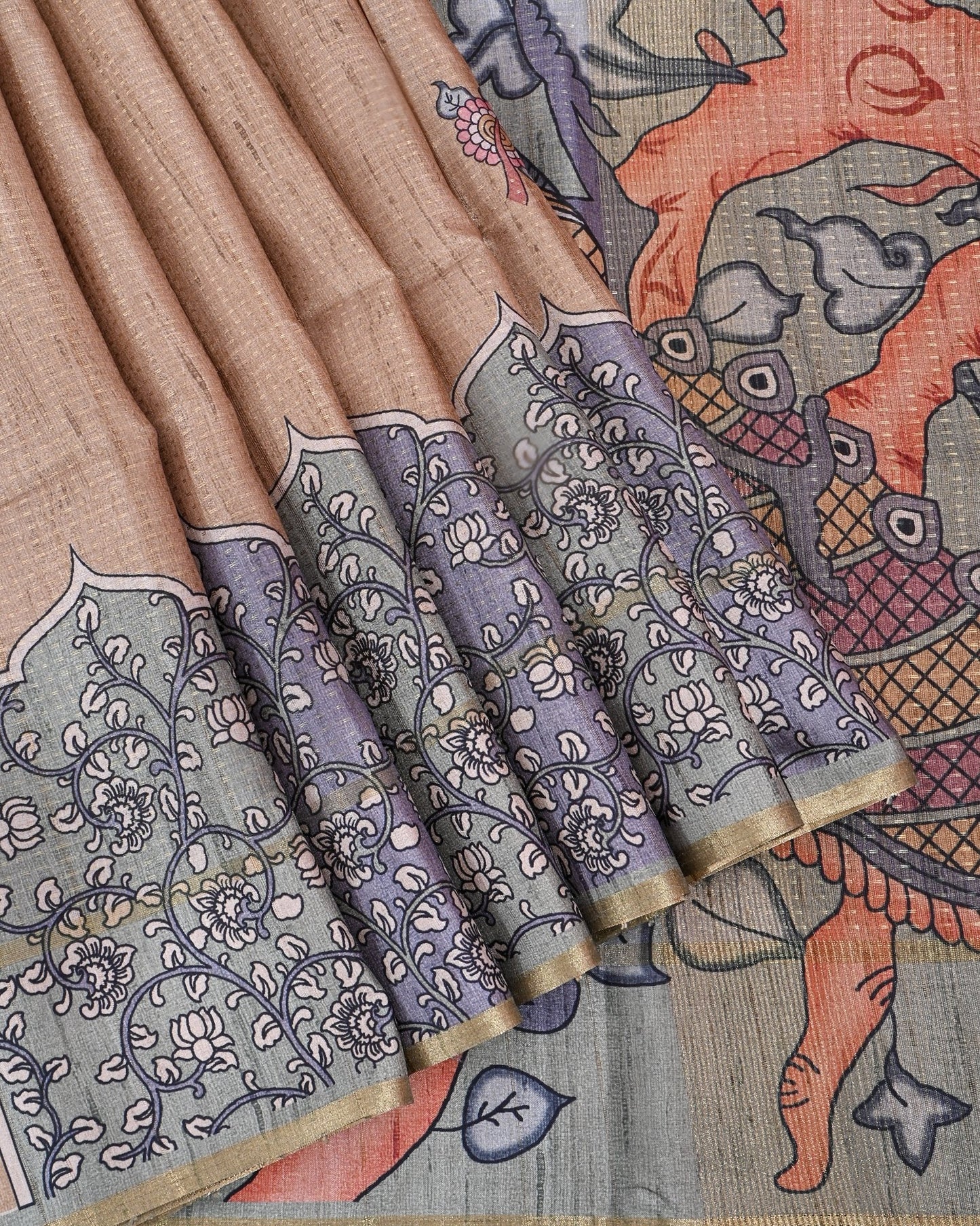 Green Tusser Printed Saree - Shop Vastram