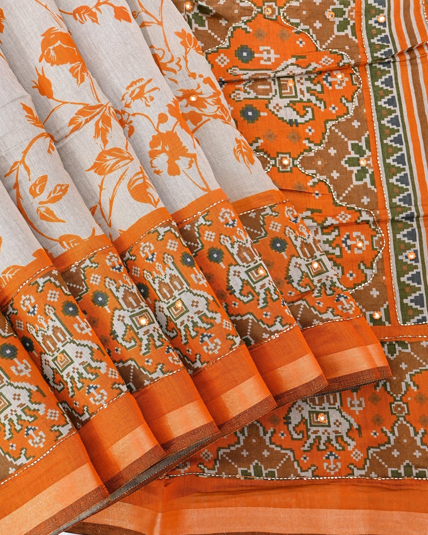 Grey Chanderi Printed Saree - Shop Vastram