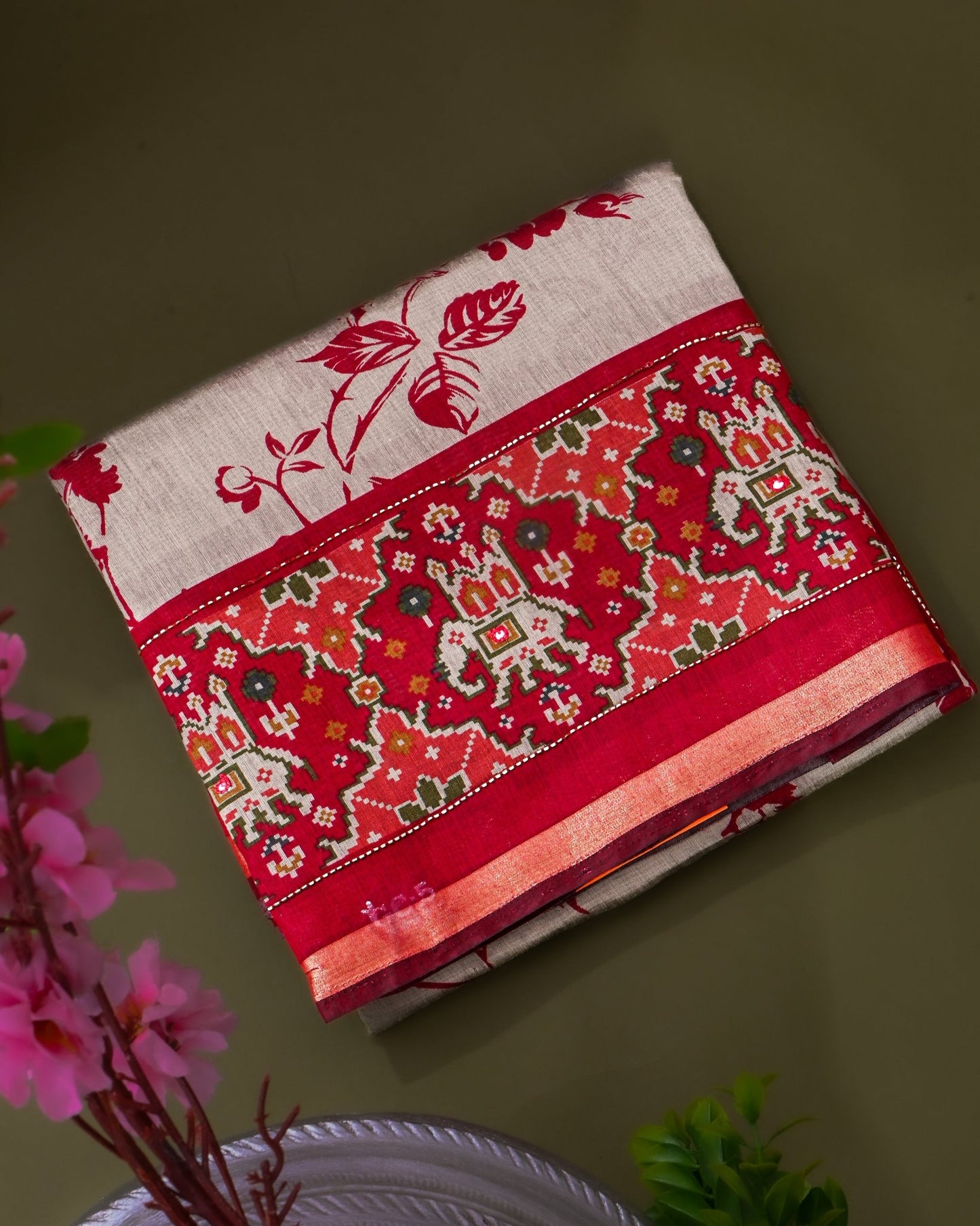 Grey Chanderi Printed Saree - Shop Vastram
