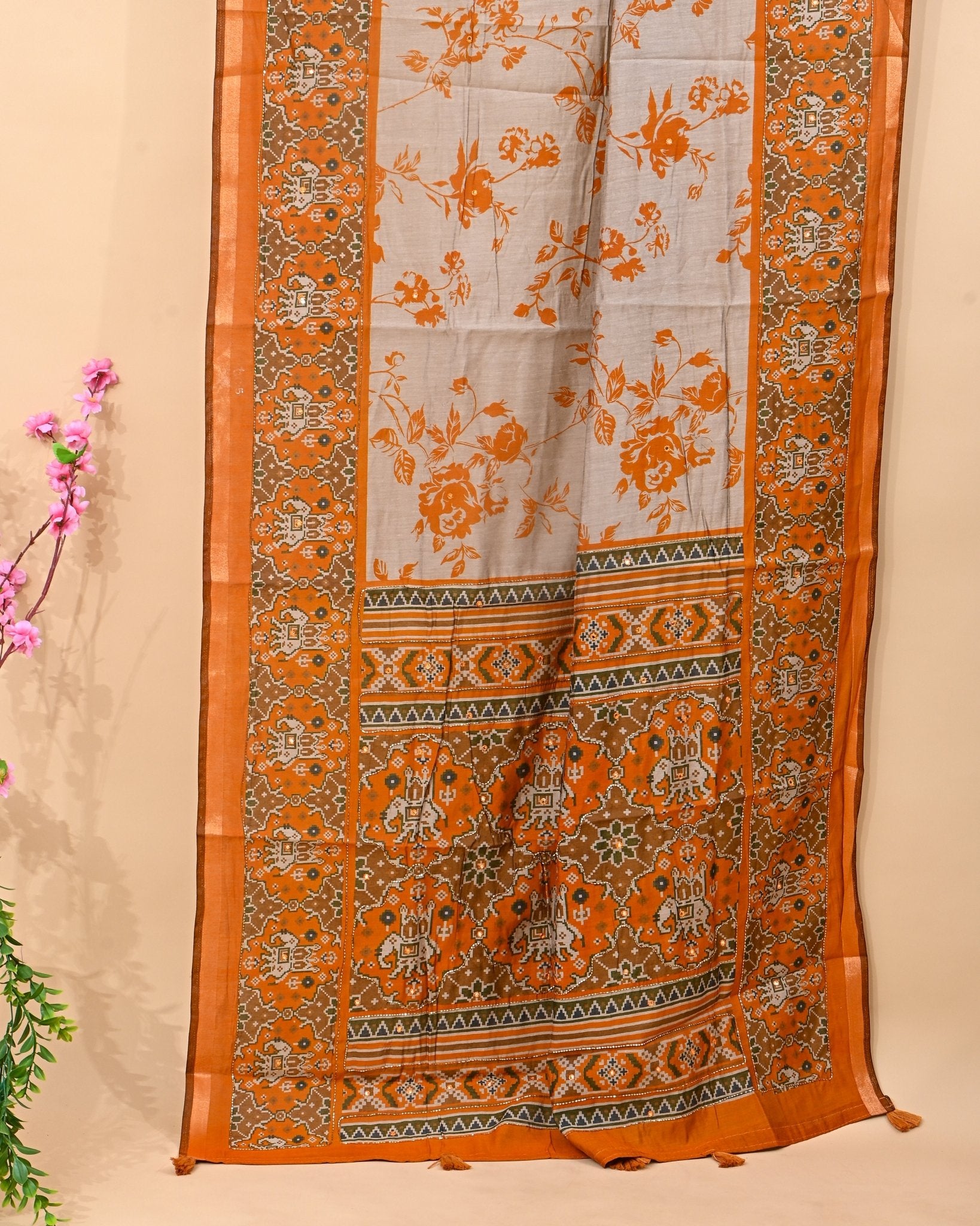 Grey Chanderi Printed Saree - Shop Vastram