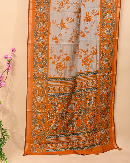 Grey Chanderi Printed Saree - Shop Vastram