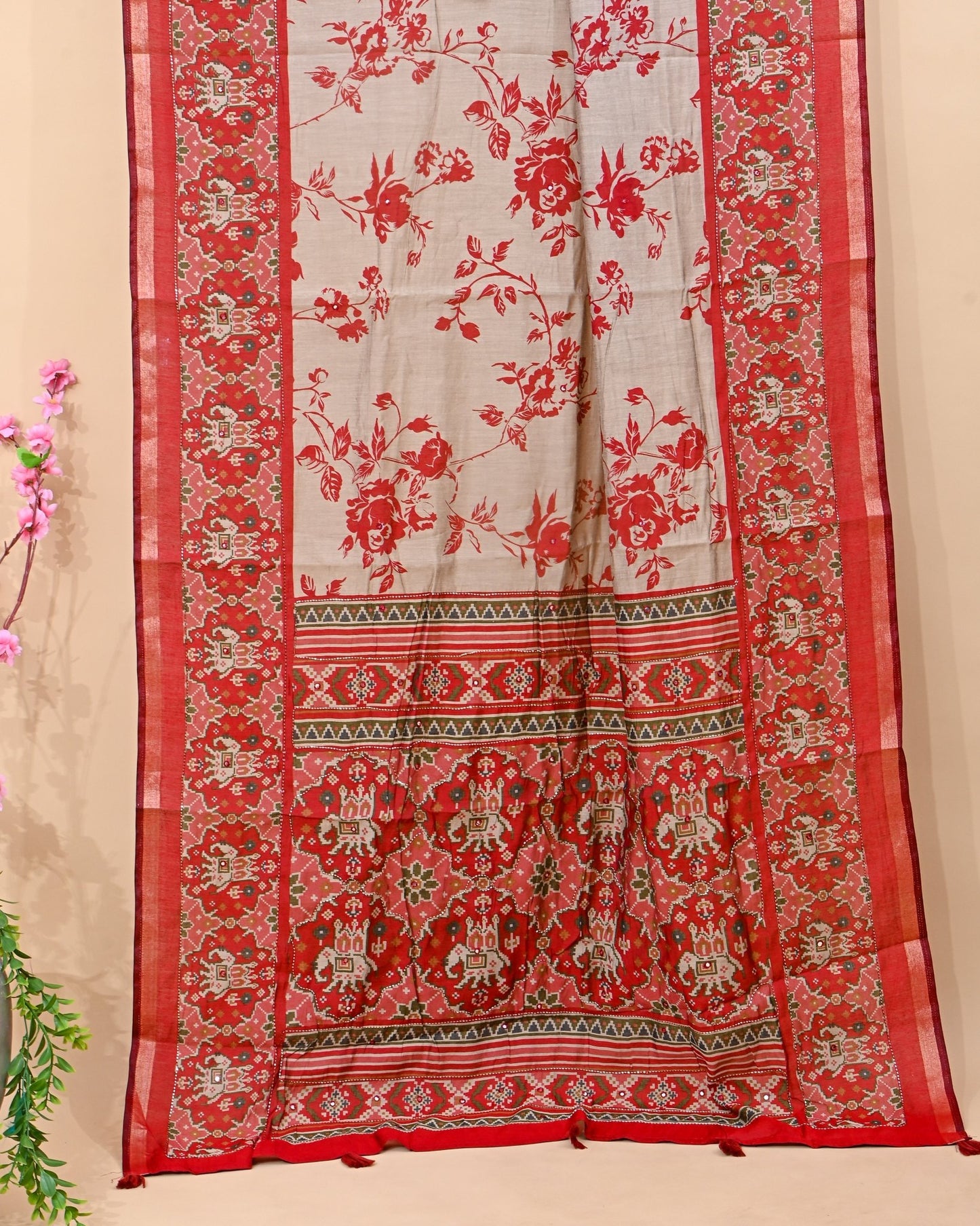 Grey Chanderi Printed Saree - Shop Vastram