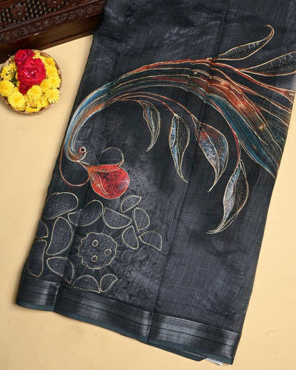 Grey Color Lenin Saree - Shop Vastram
