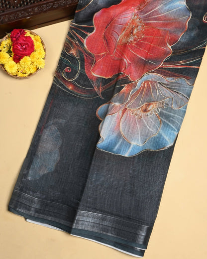 Grey Color Lenin Saree - Shop Vastram