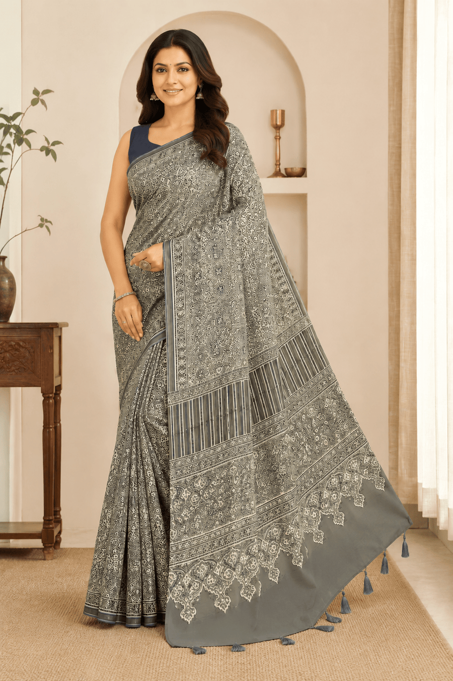Grey Ethnic Printed Cotton Saree with Tassels - Shop Vastram