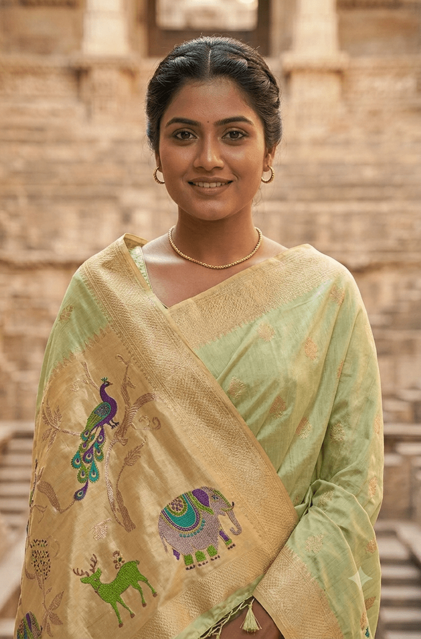 Handwoven Pastel Green & Peach Banarasi Silk Saree with Traditional Animal Motif Zari Work - Shop Vastram