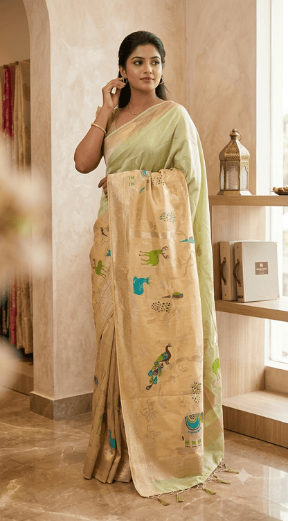 Handwoven Pastel Green & Peach Banarasi Silk Saree with Traditional Animal Motif Zari Work - Shop Vastram