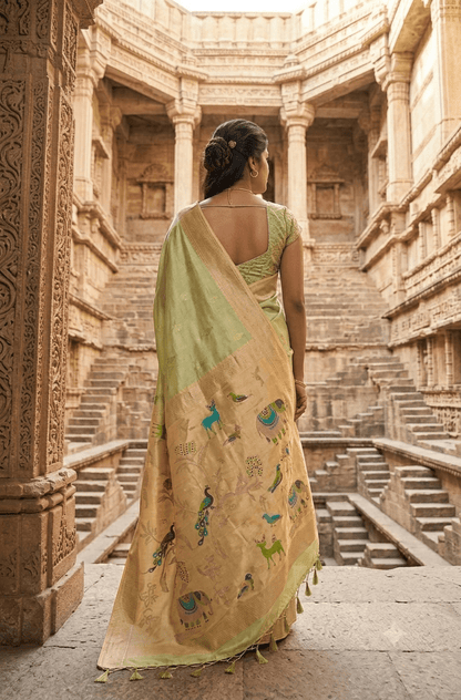 Handwoven Pastel Green & Peach Banarasi Silk Saree with Traditional Animal Motif Zari Work - Shop Vastram