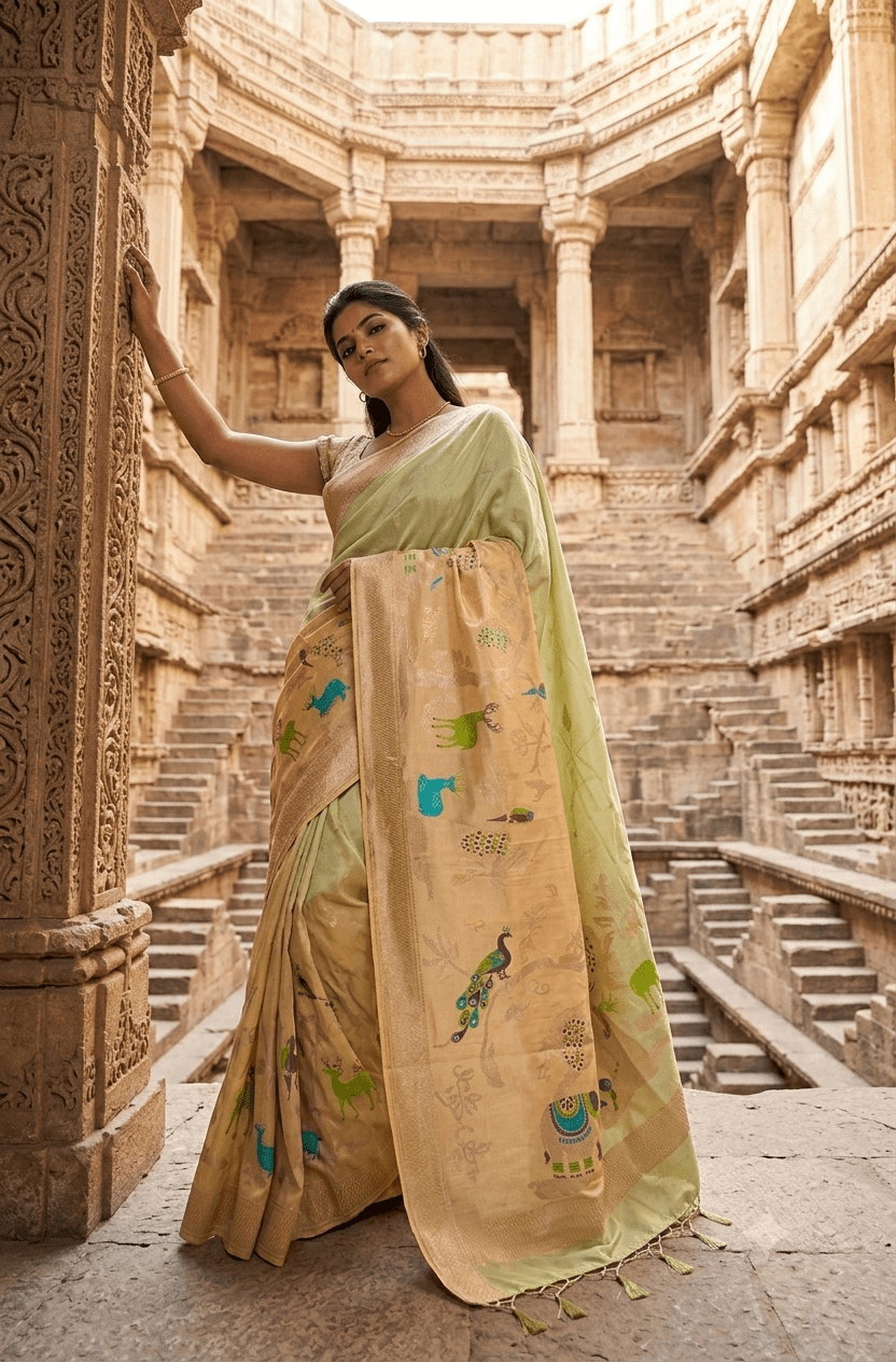 Handwoven Pastel Green & Peach Banarasi Silk Saree with Traditional Animal Motif Zari Work - Shop Vastram