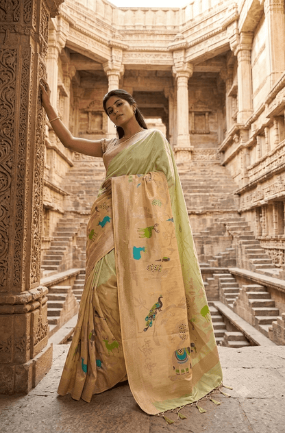 Handwoven Pastel Green & Peach Banarasi Silk Saree with Traditional Animal Motif Zari Work - Shop Vastram