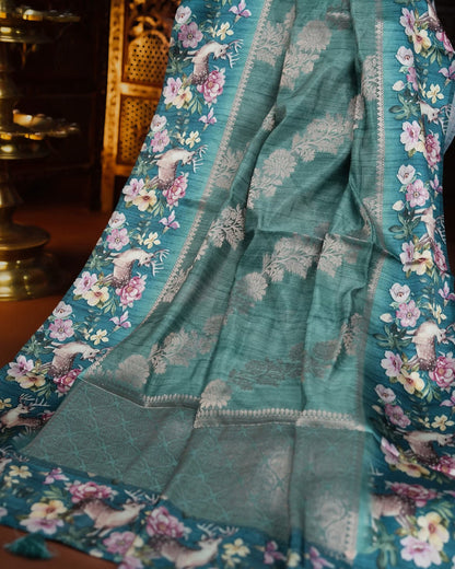 Light Green Blue Color Silk Saree - Shop Vastram