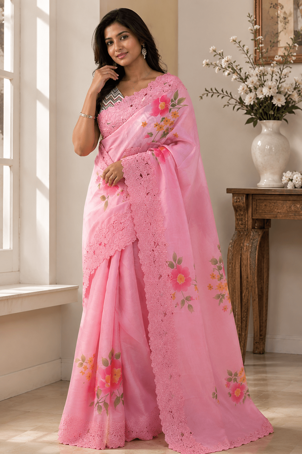 M Emb Pink Floral Embroidered Saree with Lace Border - Shop Vastram