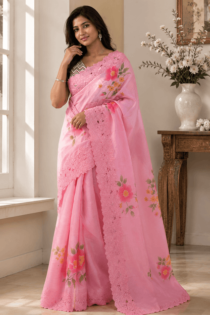 M Emb Pink Floral Embroidered Saree with Lace Border - Shop Vastram