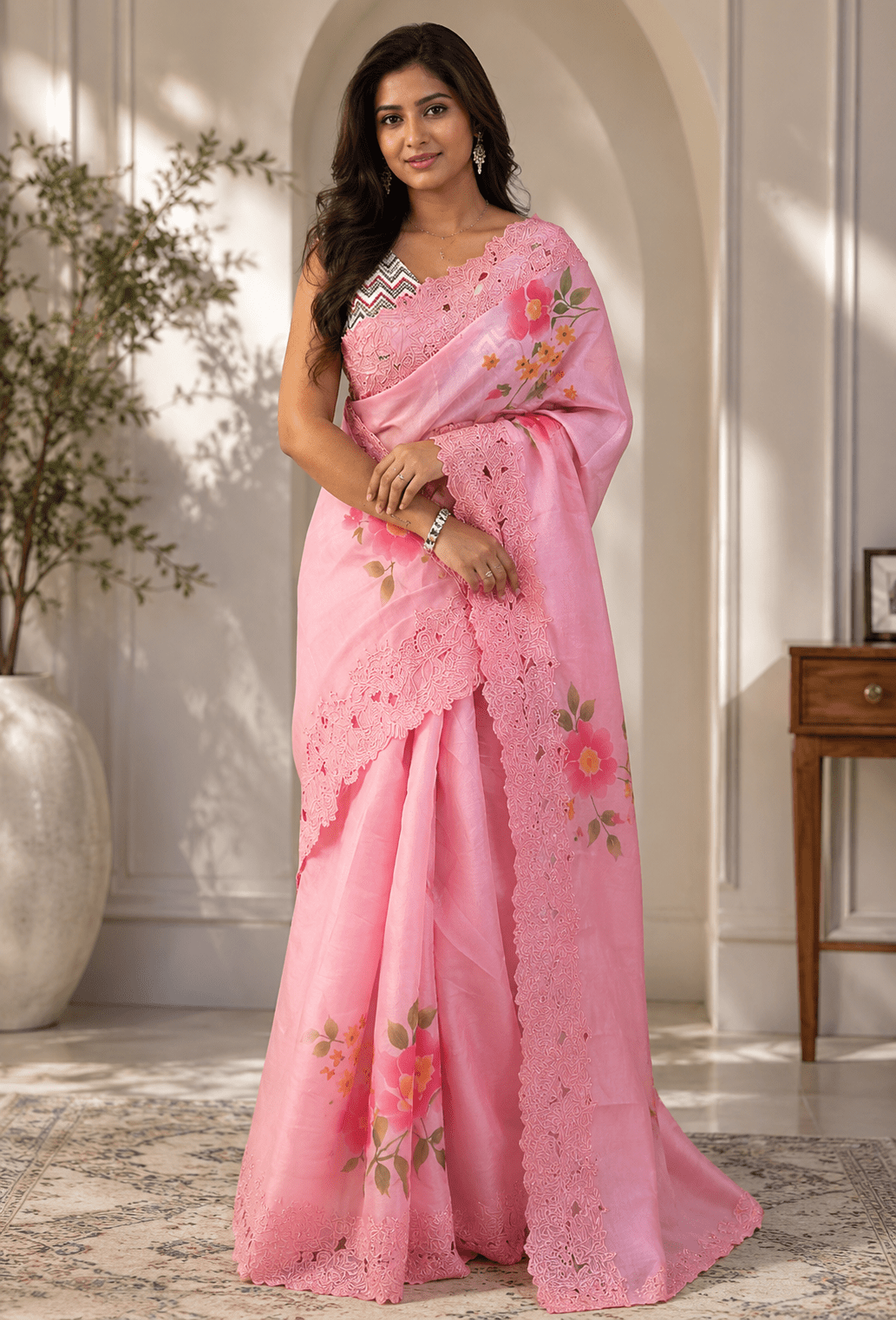 M Emb Pink Floral Embroidered Saree with Lace Border - Shop Vastram