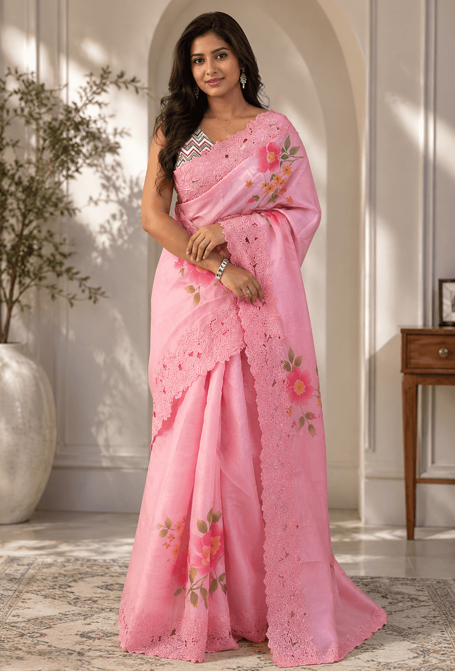 M Emb Pink Floral Embroidered Saree with Lace Border - Shop Vastram