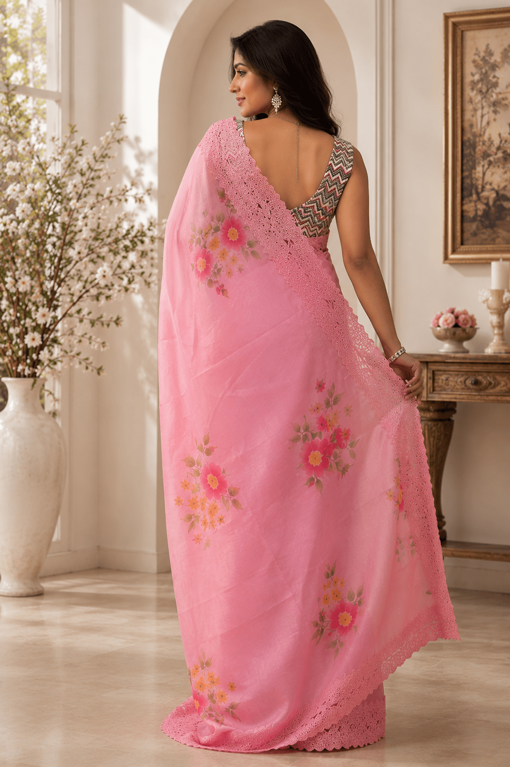 M Emb Pink Floral Embroidered Saree with Lace Border - Shop Vastram