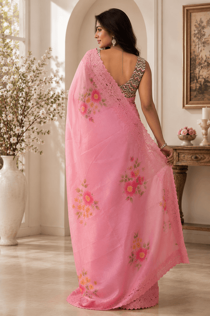 M Emb Pink Floral Embroidered Saree with Lace Border - Shop Vastram