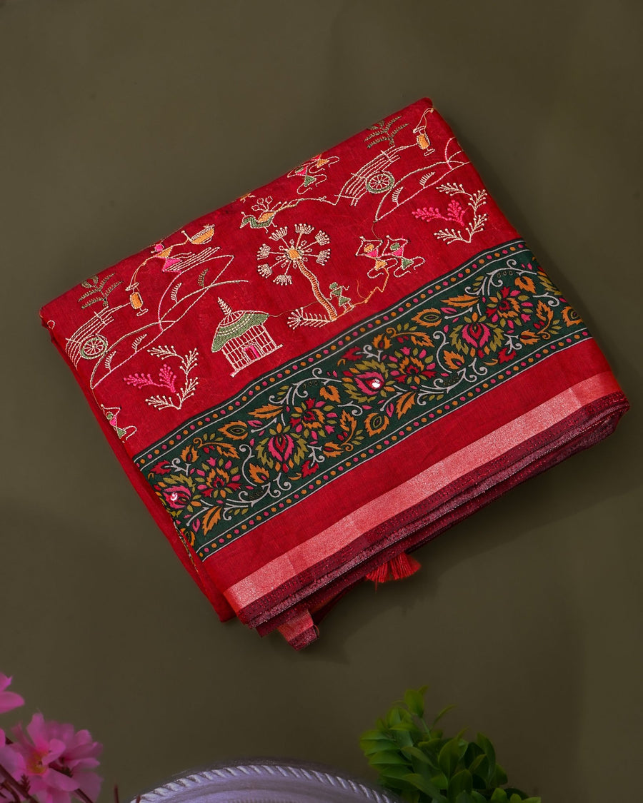 Maroon Chanderi Embroidery Saree - Shop Vastram
