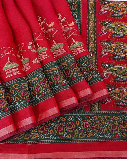 Maroon Chanderi Embroidery Saree - Shop Vastram