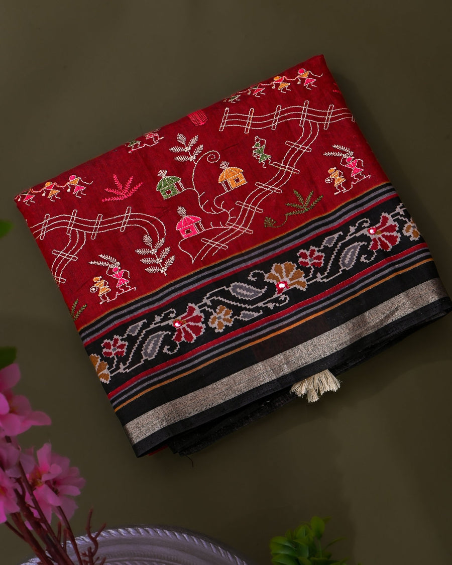 Maroon Chanderi Embroidery Saree - Shop Vastram