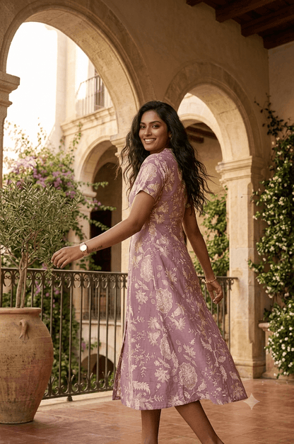 Mauve Floral Printed Cotton A-Line Midi Dress with Shirt Collar - Shop Vastram