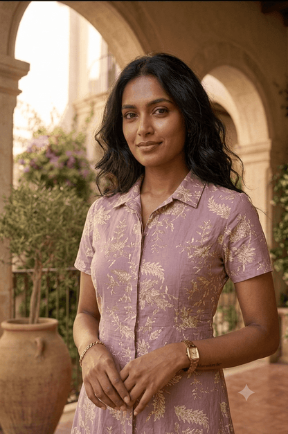 Mauve Floral Printed Cotton A-Line Midi Dress with Shirt Collar - Shop Vastram