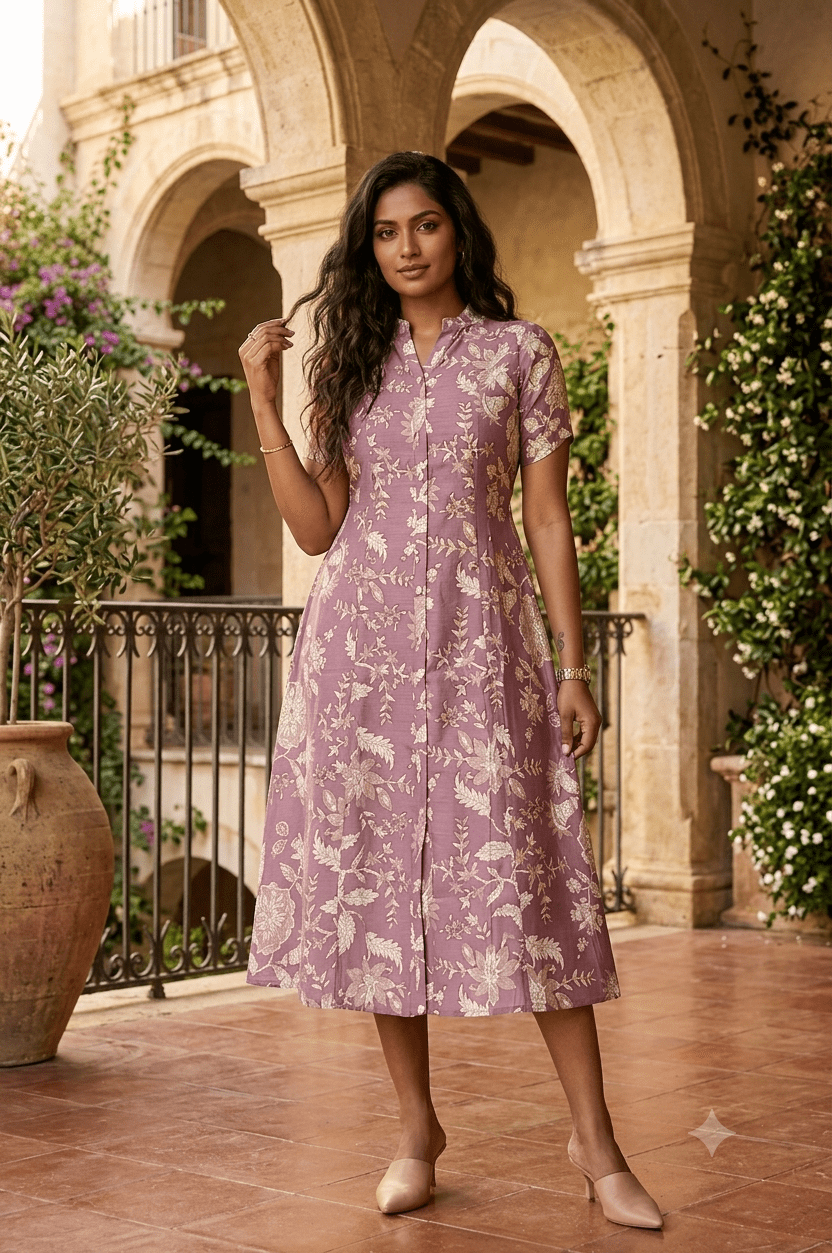 Mauve Floral Printed Cotton A-Line Midi Dress with Shirt Collar - Shop Vastram