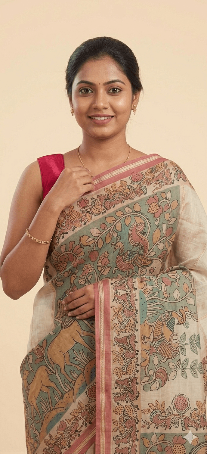 Mint Green Floral Cotton Linen Saree with Pink Border - Shop Vastram