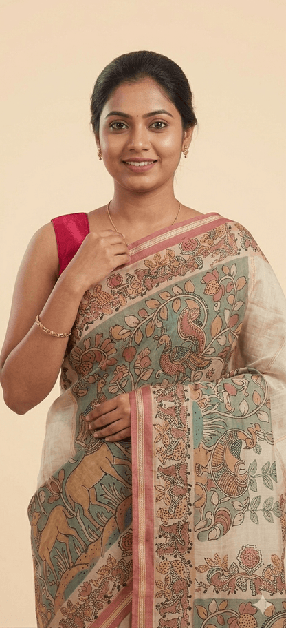 Mint Green Floral Cotton Linen Saree with Pink Border - Shop Vastram