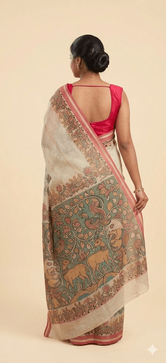 Mint Green Floral Cotton Linen Saree with Pink Border - Shop Vastram