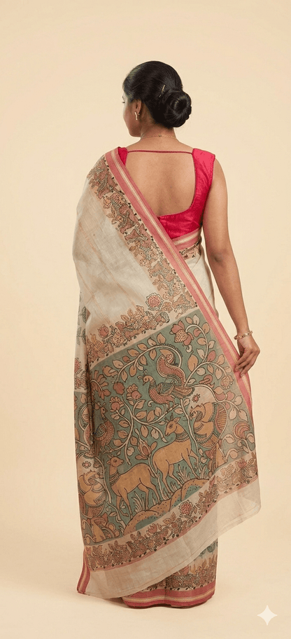 Mint Green Floral Cotton Linen Saree with Pink Border - Shop Vastram