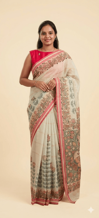 Mint Green Floral Cotton Linen Saree with Pink Border - Shop Vastram