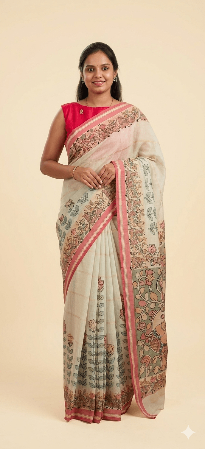 Mint Green Floral Cotton Linen Saree with Pink Border - Shop Vastram