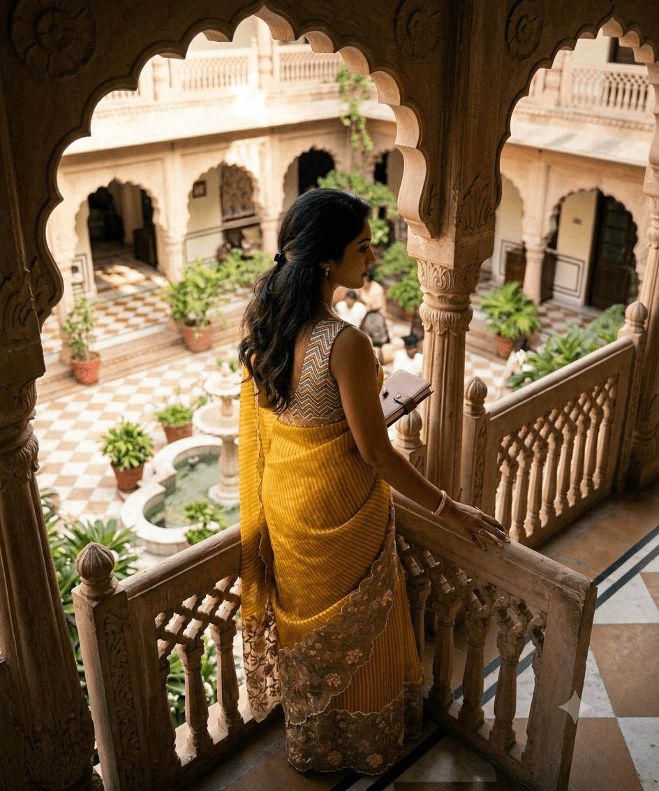 Mustard Yellow Floral Organza Saree with Zardosi Border - Shop Vastram