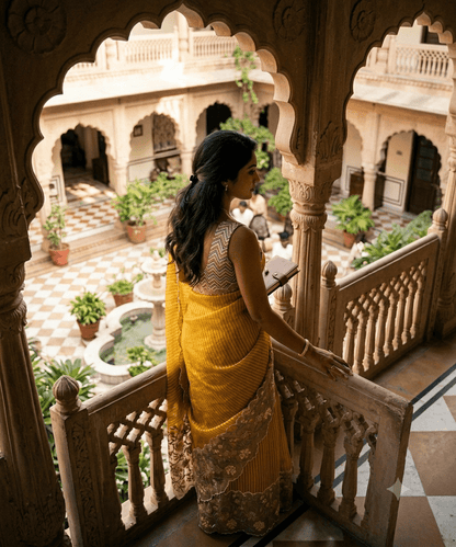 Mustard Yellow Floral Organza Saree with Zardosi Border - Shop Vastram
