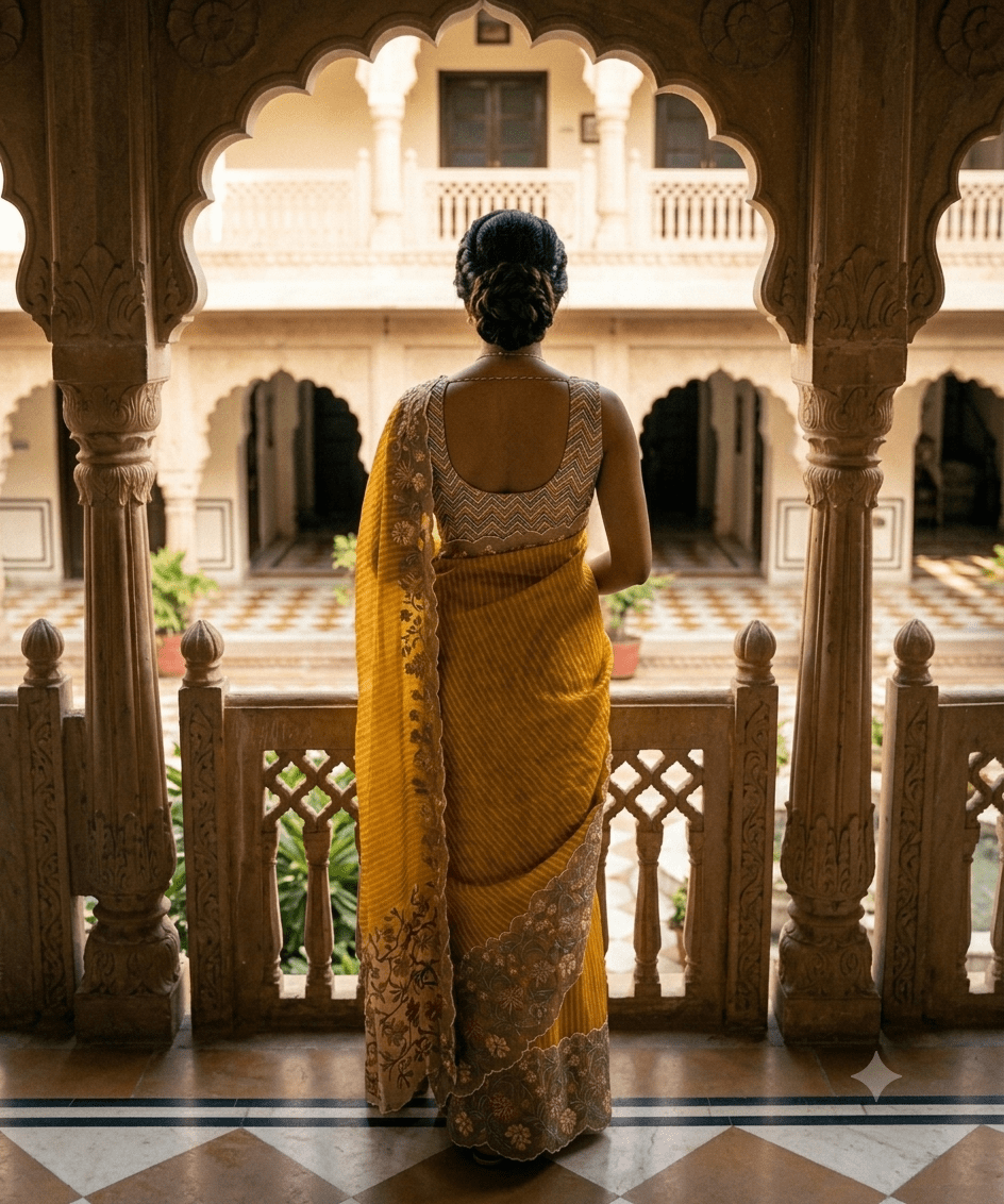 Mustard Yellow Floral Organza Saree with Zardosi Border - Shop Vastram