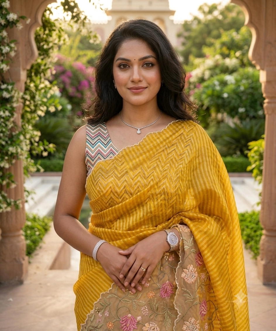 Mustard Yellow Floral Organza Saree with Zardosi Border - Shop Vastram