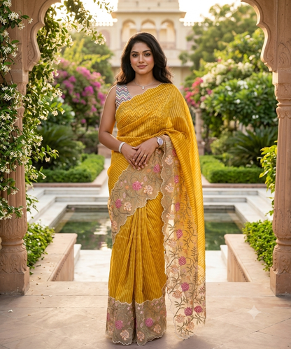 Mustard Yellow Floral Organza Saree with Zardosi Border - Shop Vastram