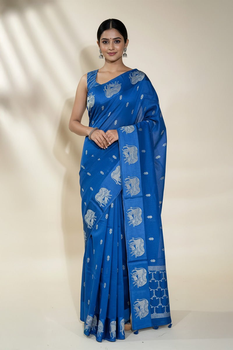 Navy Blue Banarasi Silk Saree - Shop Vastram
