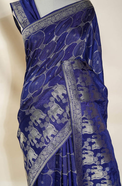 Navy Blue Banarasi Silk Saree - Shop Vastram