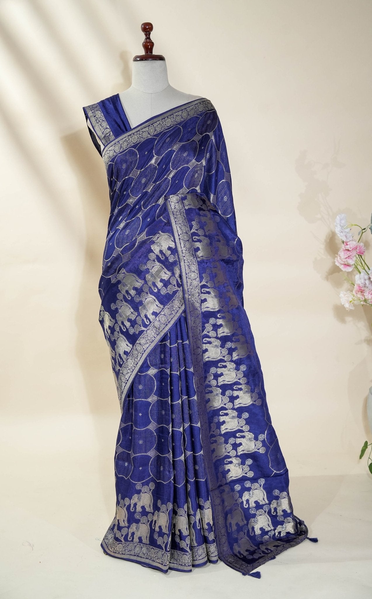 Navy Blue Banarasi Silk Saree - Shop Vastram