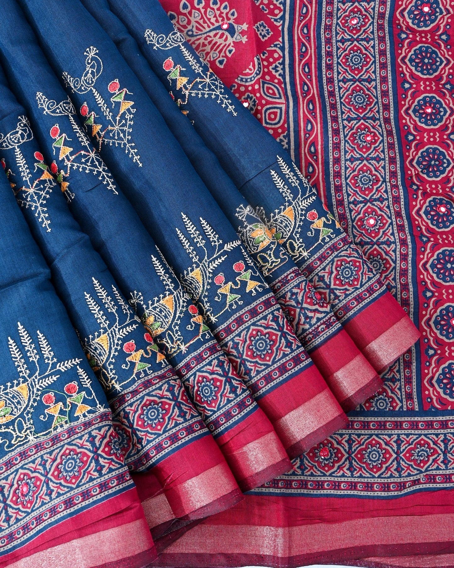 Navy Blue Chanderi Embroidery Saree - Shop Vastram