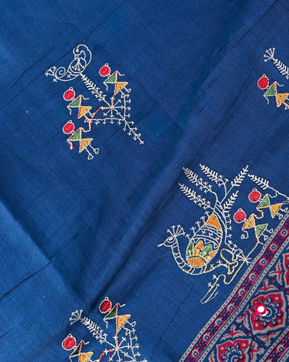 Navy Blue Chanderi Embroidery Saree - Shop Vastram