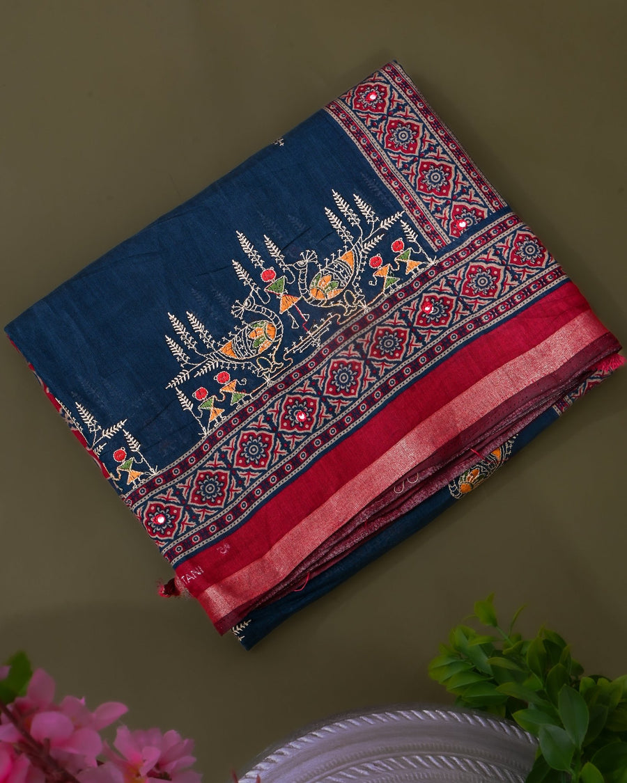 Navy Blue Chanderi Embroidery Saree - Shop Vastram