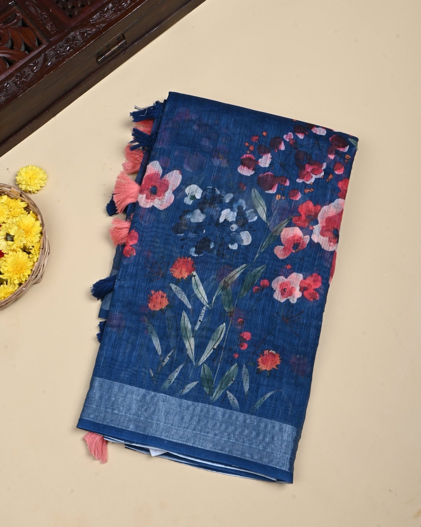 Navy Blue Color Lenin Saree - Shop Vastram