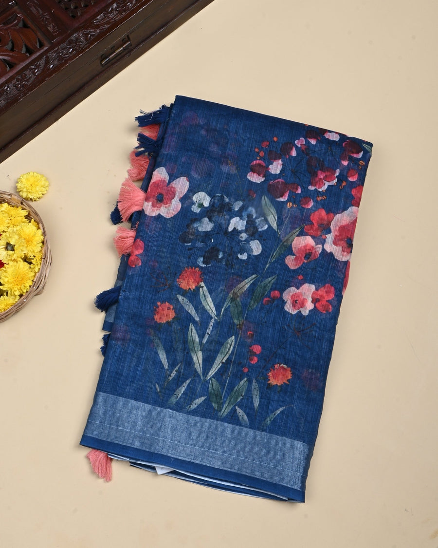 Navy Blue Color Lenin Saree - Shop Vastram