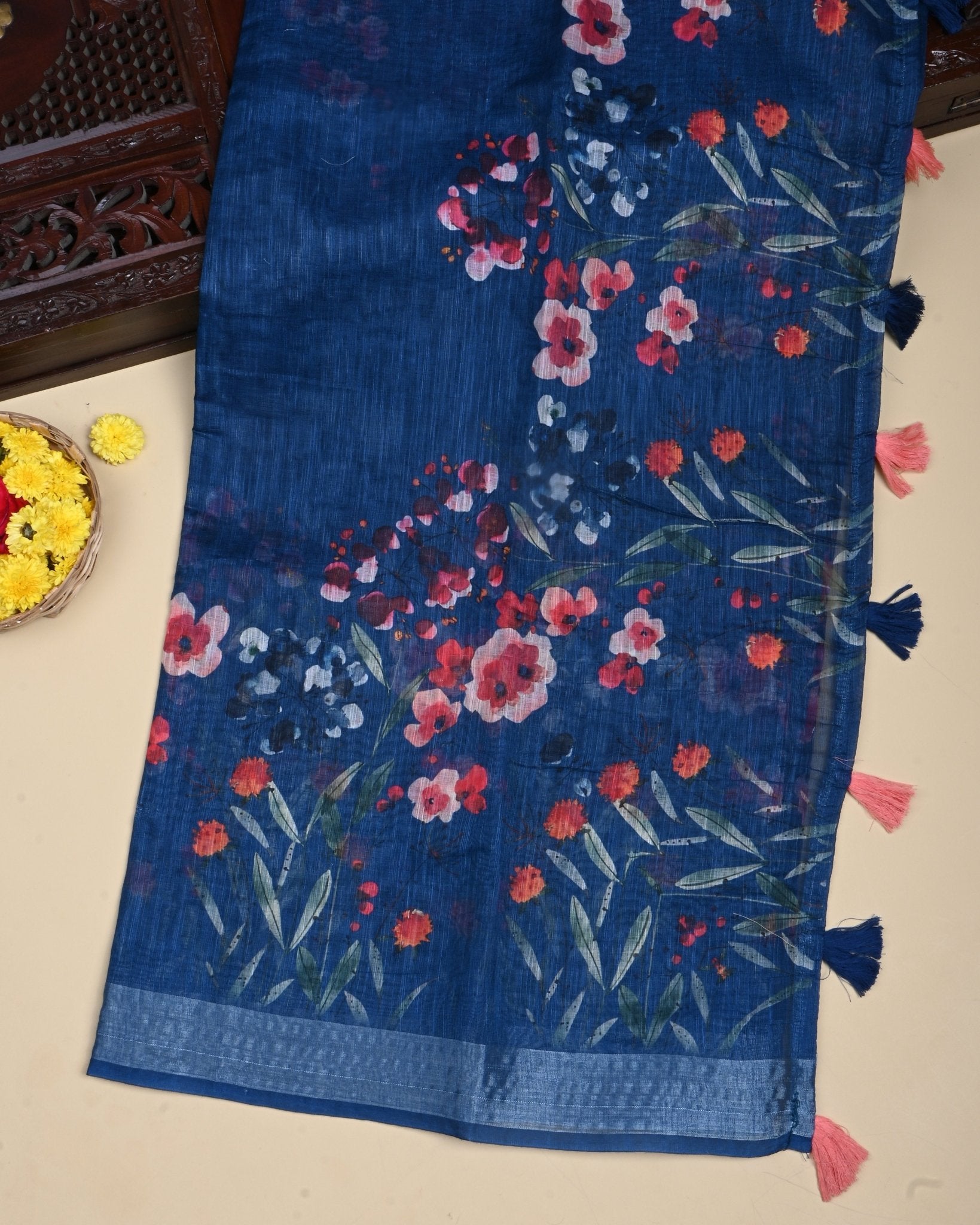 Navy Blue Color Lenin Saree - Shop Vastram