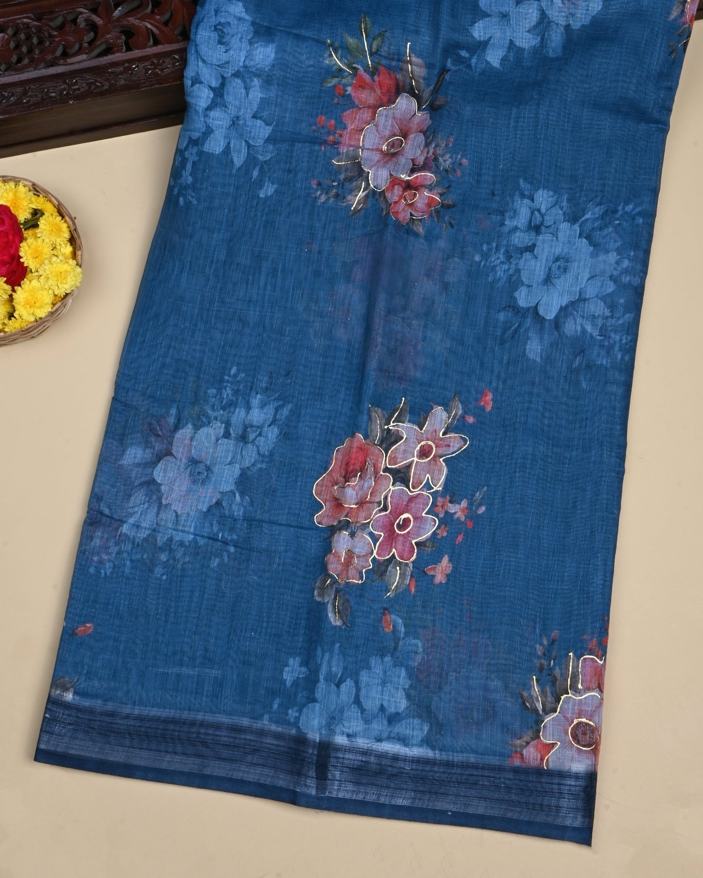 Navy Blue Color Lenin Saree - Shop Vastram