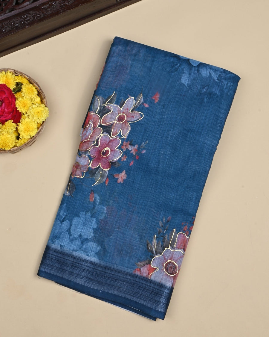 Navy Blue Color Lenin Saree - Shop Vastram
